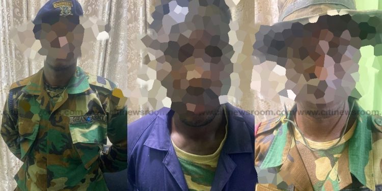 Police have arrested three military personnel and one other accomplice in connection with a robbery incident at Nsakina near Amasaman on June 4, 2022. The suspects, № 208183 G/CPL. Yinsabilik Gabriel, № 280252 G/L/CP Elikem Adams, № 209016 L/CPL. Asiedu Stanley and Malik, their accomplice, were arrested following a police investigation into the robbery. The police report indicates that the four suspects scaled a wall into the residence of the complainant and robbed him and his friends of 8 different mobile phones and forcibly made them transfer an amount of GH₵ 850 to a registered MTN number bearing the name Gabriel Yinsabilik. Preliminary investigation led to the identification of the three military personnel, who were arrested by the military police and handed over to the Amasaman District CID. The three military suspects have since been cautioned and released to the military police to be reporting periodically while the investigation continues. Meanwhile, their accomplice, Malik, allegedly confessed to the crime during interrogation.