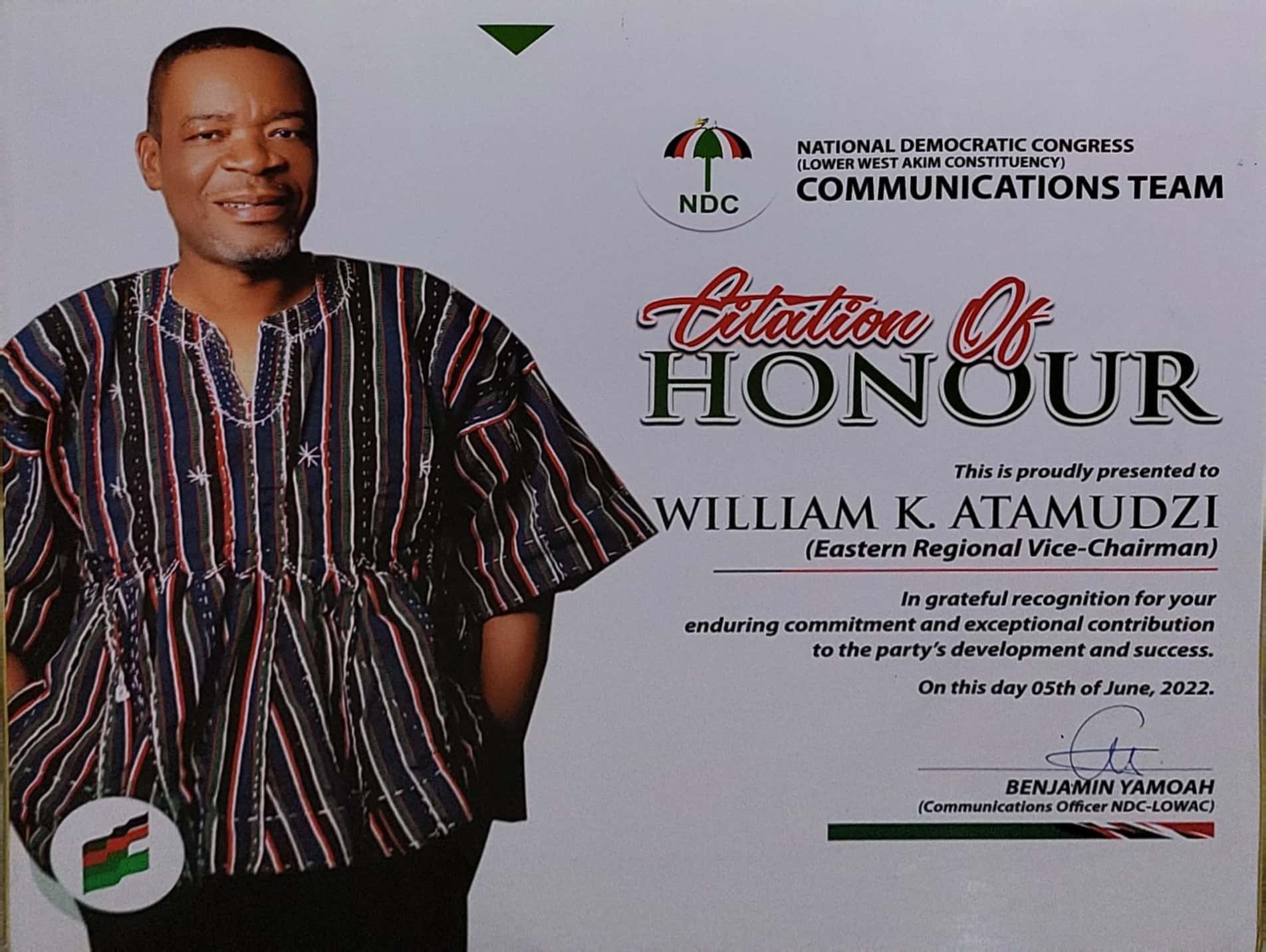 William Atamudzi recognized for his Hardwork and Commitment towards the cause of the NDC in the Eastern Region