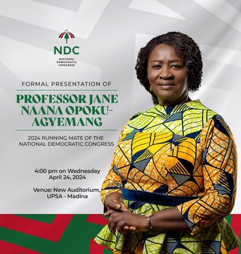 NDC to Officially Outdoor Prof Jane Naana Opoku-Agyemang as Mahama’s Running Mate Today