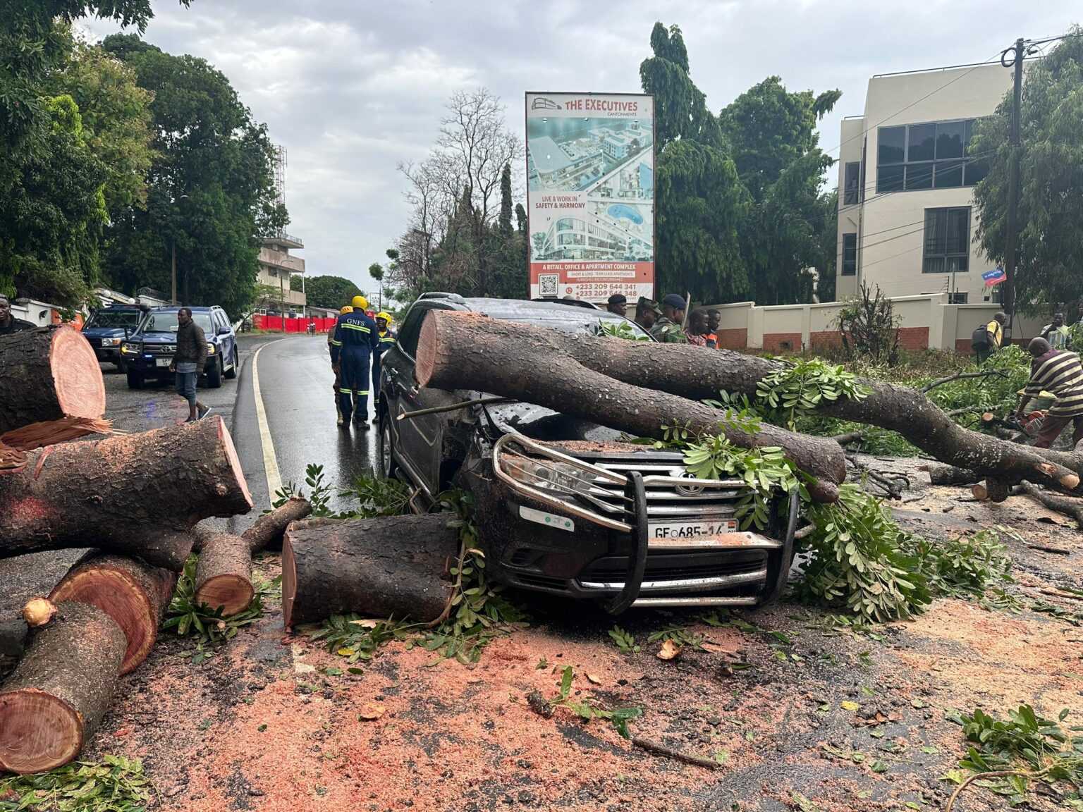 Heavy rainstorm in Accra uproots trees; causes roadblocks and damage to cars
